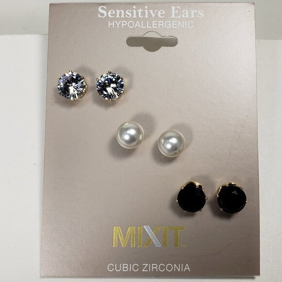 3-Pair Gold-Tone CZ Stud Earrings – Crystal, Faux Pearl, Black – Hypoallergenic - Picture 3 of 9